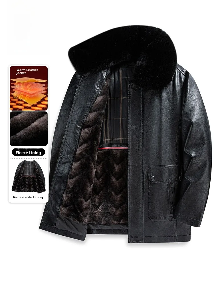 

Lormen Thiened Faux Leather Jaet Men's Large Size Coat with Fur Collar Removable Inner for Middle-Aged And ly