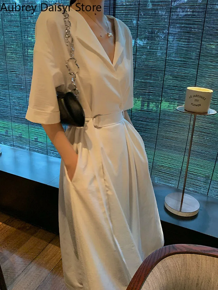 Vintage Elegant White Long Blazer Dress Women Korean One Piece OL Sashes Design Dress Summer Casual Chic Slim Y2k Dress 2022 New