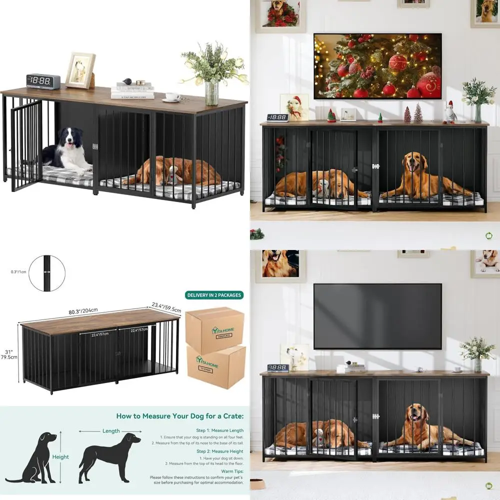 

80.2 Dual Dog Cage with Divider, TV Stand-Style, Suitable for Two Medium Dogs, Black