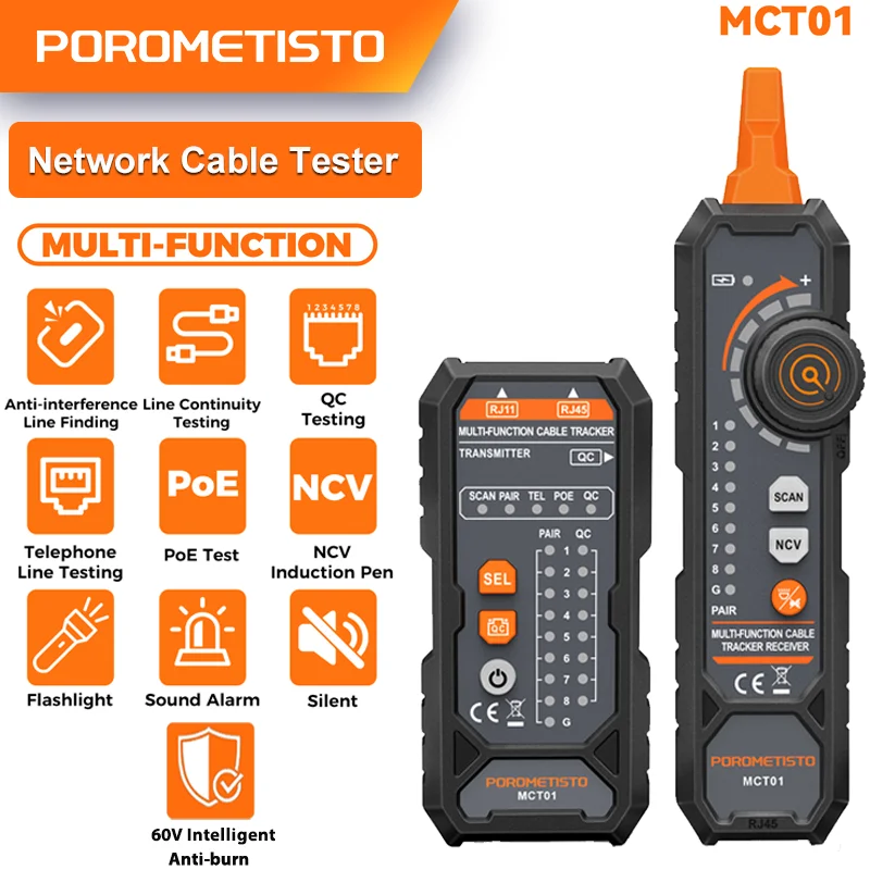 

POROMETISTO MCT01 Network Cable Tester 60V Intelligent Anti-burn RJ11 RJ45 NCV PoE Tester LAN Network Wire Tracker Cable Tool