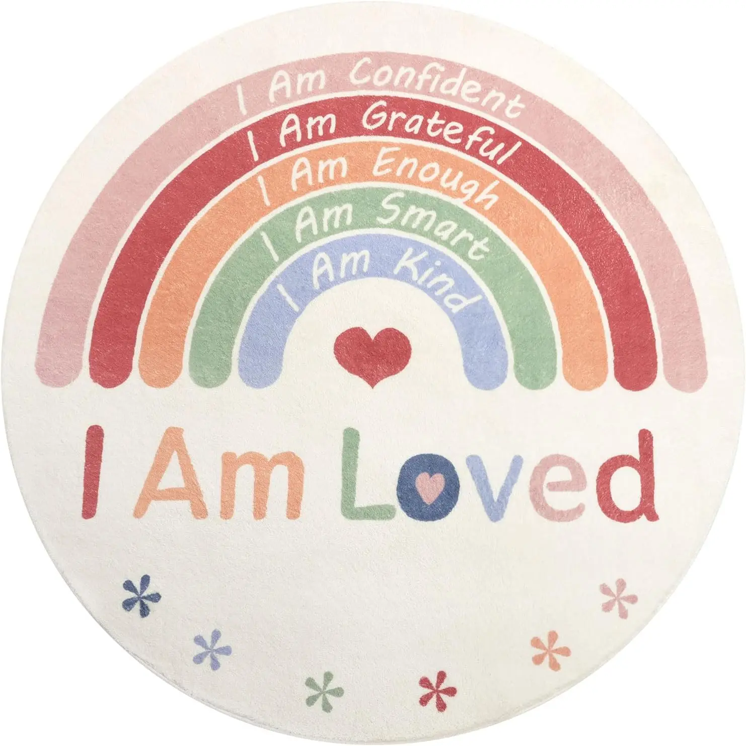 Boho I Am Loved Affirmation Rainbow Area Rug Soft Round Throw Mat for Nursery Living Room Boho Decor Inspirational Positive Vibe