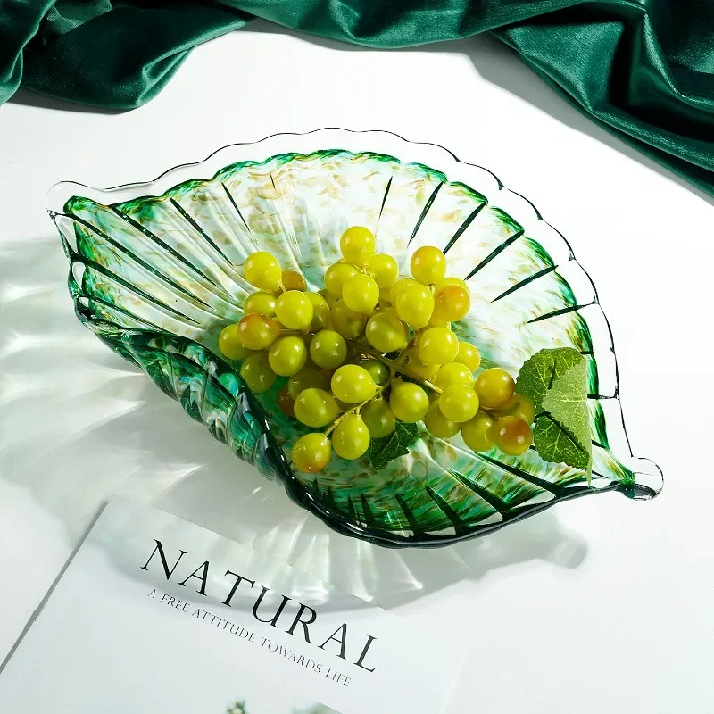 Creative Leaf Shaped Glass Fruit Plate Light Luxury Snack Candy Dried Fruit Tray Coffee Table Storage Decor Ornament
