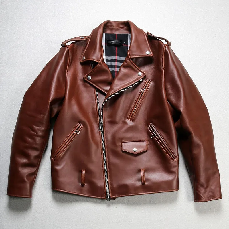 Motorcycle diagonal zipper leather men's lapel oil wax thickened top layer yellow cowhide