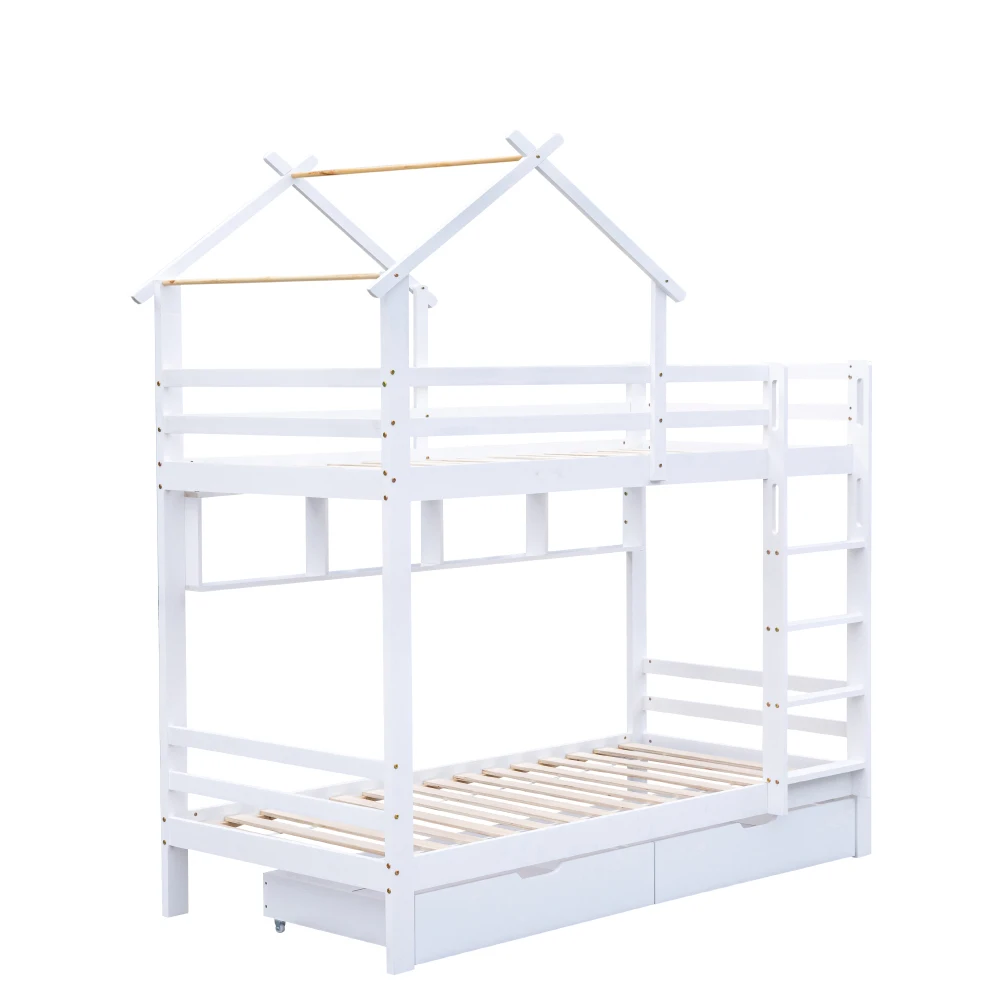 PINGGO Etagenbett mit Schubladen, Regalen, Hausbett, 3-stufige Leiter, Kiefernholzrahmen, Weiß, 90x200cm, Kinderbett mit Fallschirmgitter – Detail 11