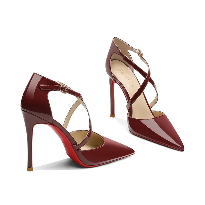 2024 Summer New Cross Strap High Heels, Women\'s Thin Heels, Red Bottom, One Line Buckle, Wine Red Headed Sandals