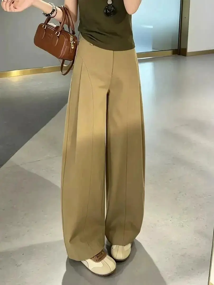 Trendy Side Pleated Wide Leg Pants High Waist Zipper Casual Women's Fashion Pants Loose Slim Straight Knife  Trousers