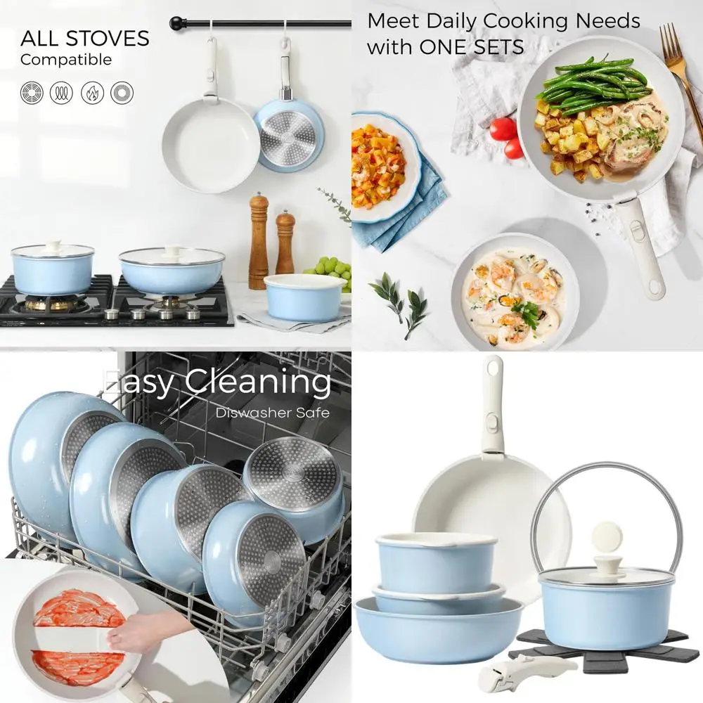 

Non-Stick 15-Piece Cookware Set with Detachable Handles, Stackable, Induction Compatible, Oven Safe, Blue