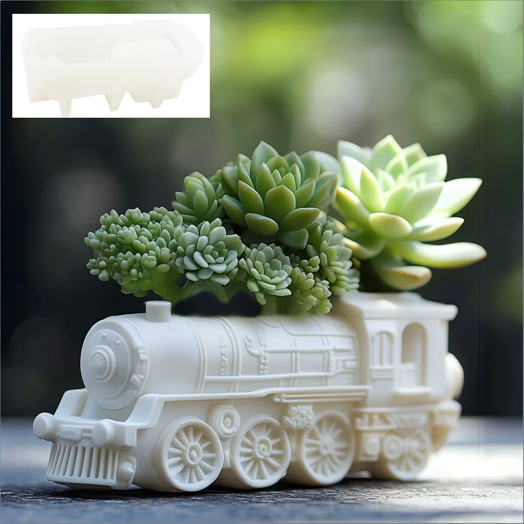 Steam Engine Train Head Shape Succulent Plant Flower Pot Resin Silicone Mold Train Head Shape Storage Box Candle Cup Gypsum Mold