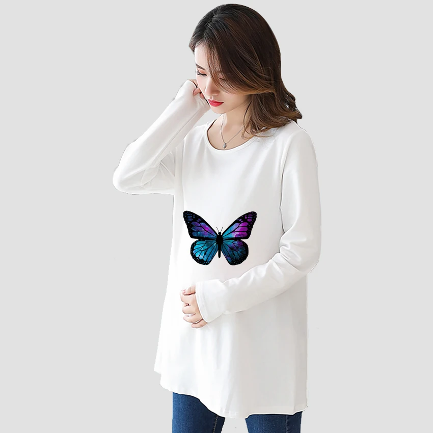 Borboleta animal engraçado impresso personalizado grávida camiseta menina gravidez lisonjeiro longo sleeveshirt mãe mulher