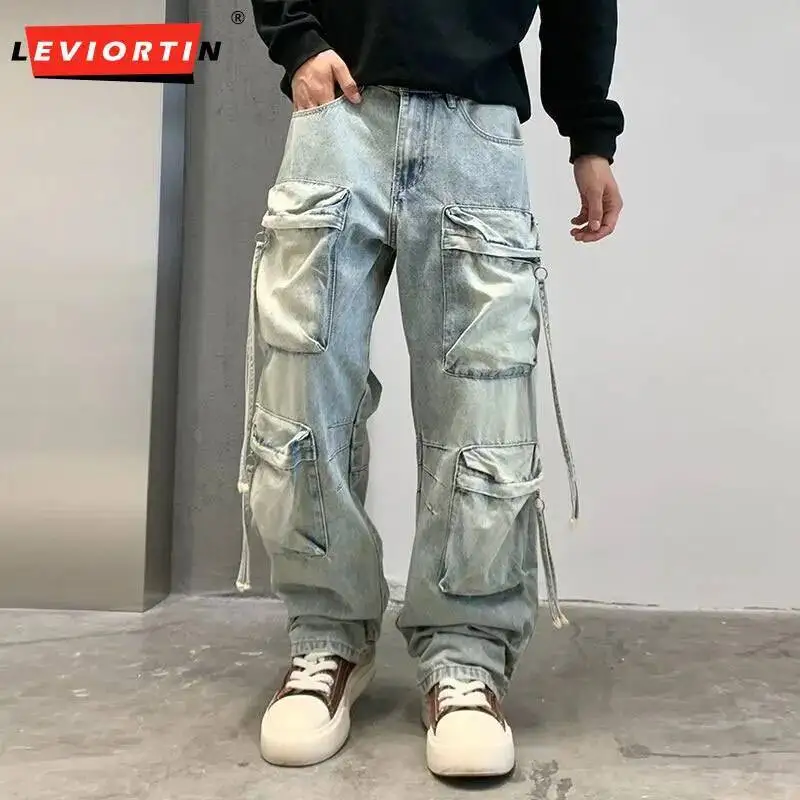 Autumn Men's Multi Pocket Cargo Denim Pants Loose Straight Leg Jeans Trousers High Street Workwear Denim Pants Y2K Streetwear