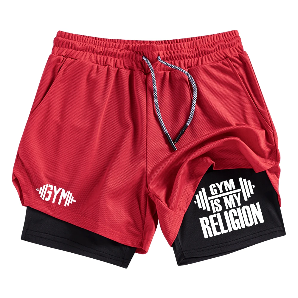 

Men's Fitness Themed Printed Quick Drying Sports Shorts Elastic And Breathable 2 In 1 Beach Shorts With Inner Cell Phone Pocket
