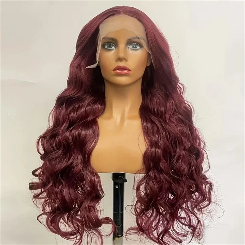 Perruque Lace Front Wig Body Wave sans colle bordeaux pour femmes noires, douce et longue, préplumée, cheveux de bébé, densité 180, 26 po, 03/3