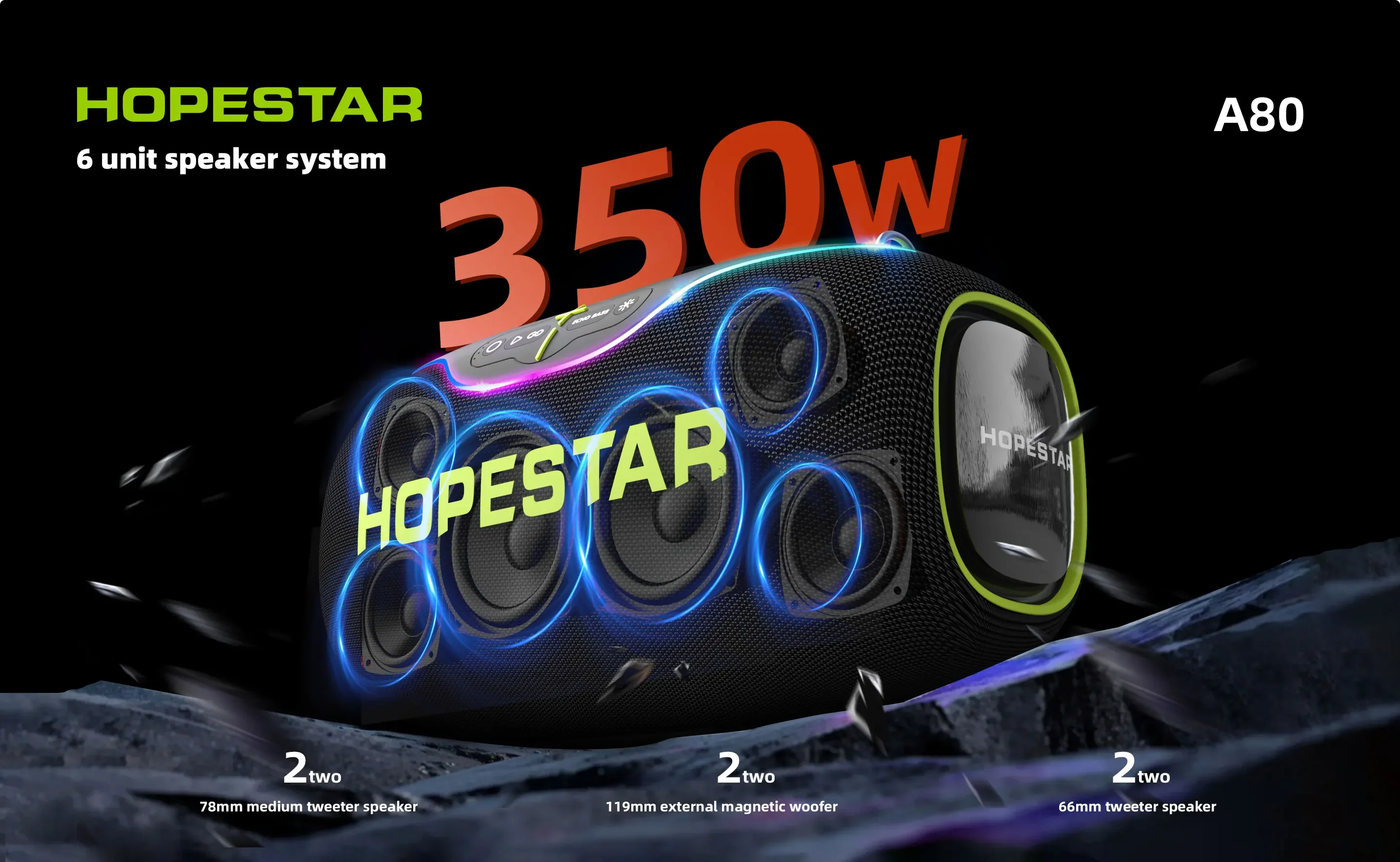 Hopestar Speaker A80  High Quality Portable Audio Players 350W RGB Wireless Subwoofer Home Theatre USB for Parties Computers DC