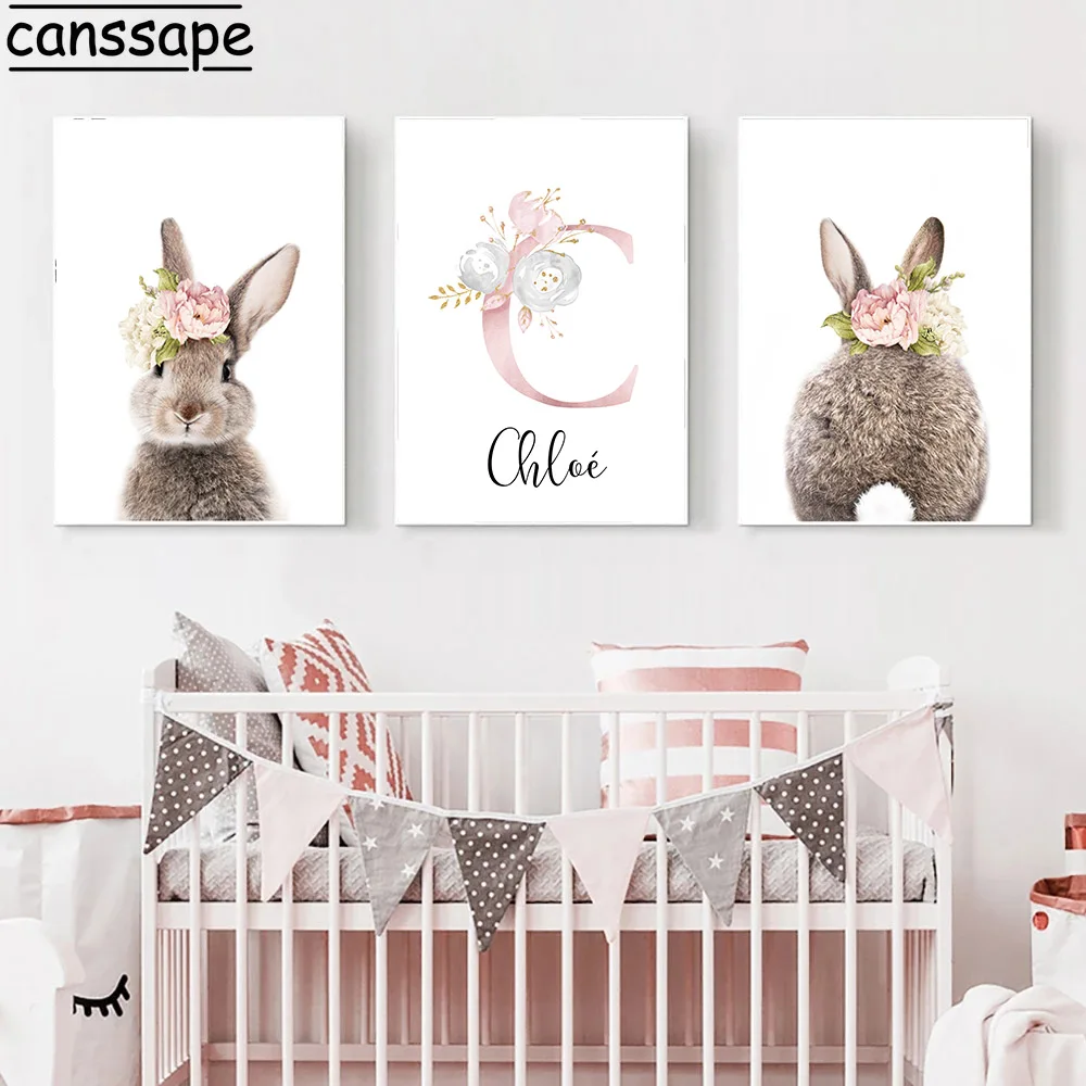 

Custom Name Canvas Painting Rabbit Wall Posters Pink Art Prints Nursery Poster Nordic Wall Pictures Baby Girls Room Decoration