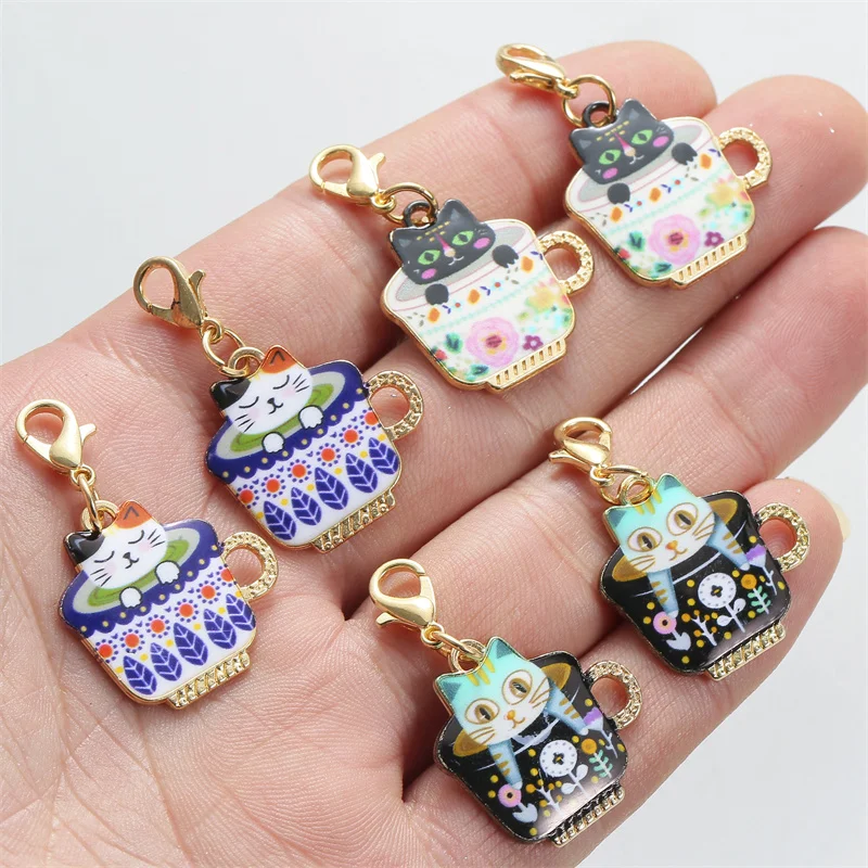 20PCS/PACK Random Enamel Cup Cat Charms Pendant With Lobster Clasp Charm Jewelry Found DIY Manual Craft Accessories