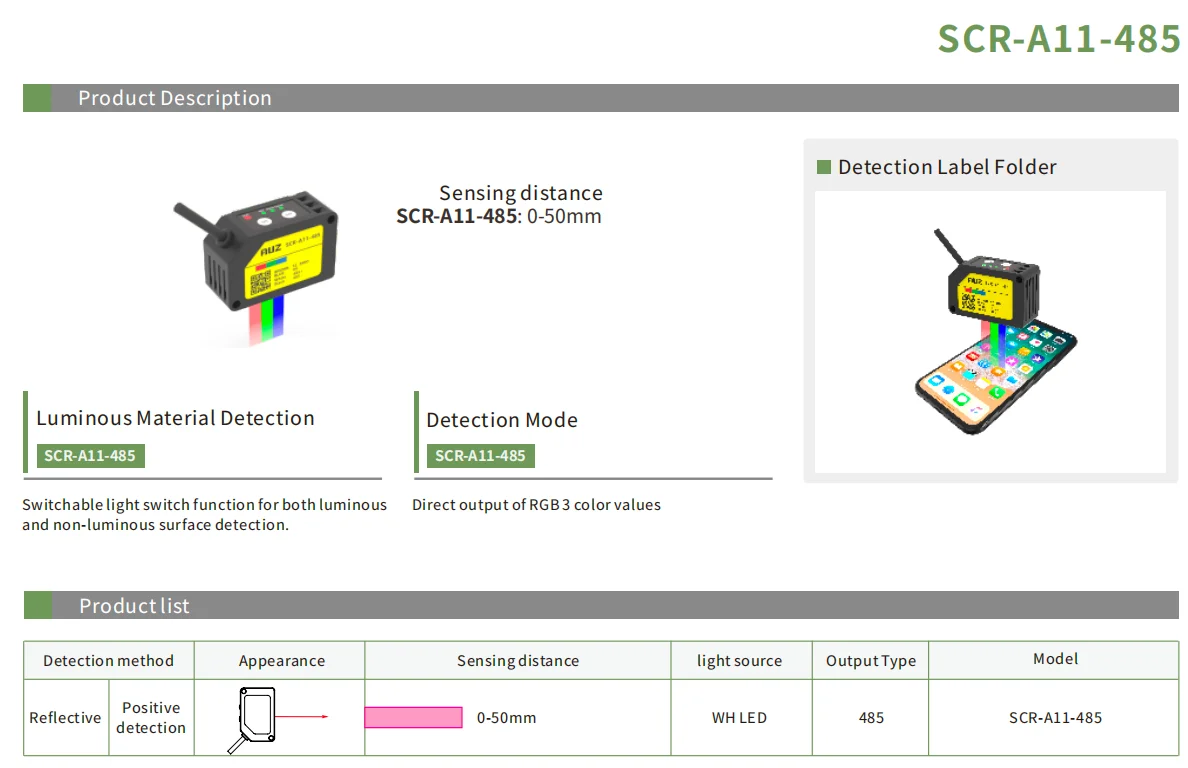 Luminescence Detection Digital Color Mark Sensor (50mm Sensing Range) - Universal Colour Sensor