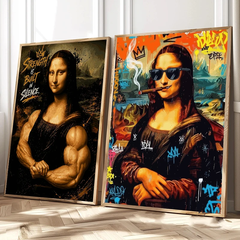 Mona Lisa Muscle Arm Smoking Poster Canvas Painting Print Funny Wall Art Decoration Picture Nordic Modern Gym  Room Home Decor