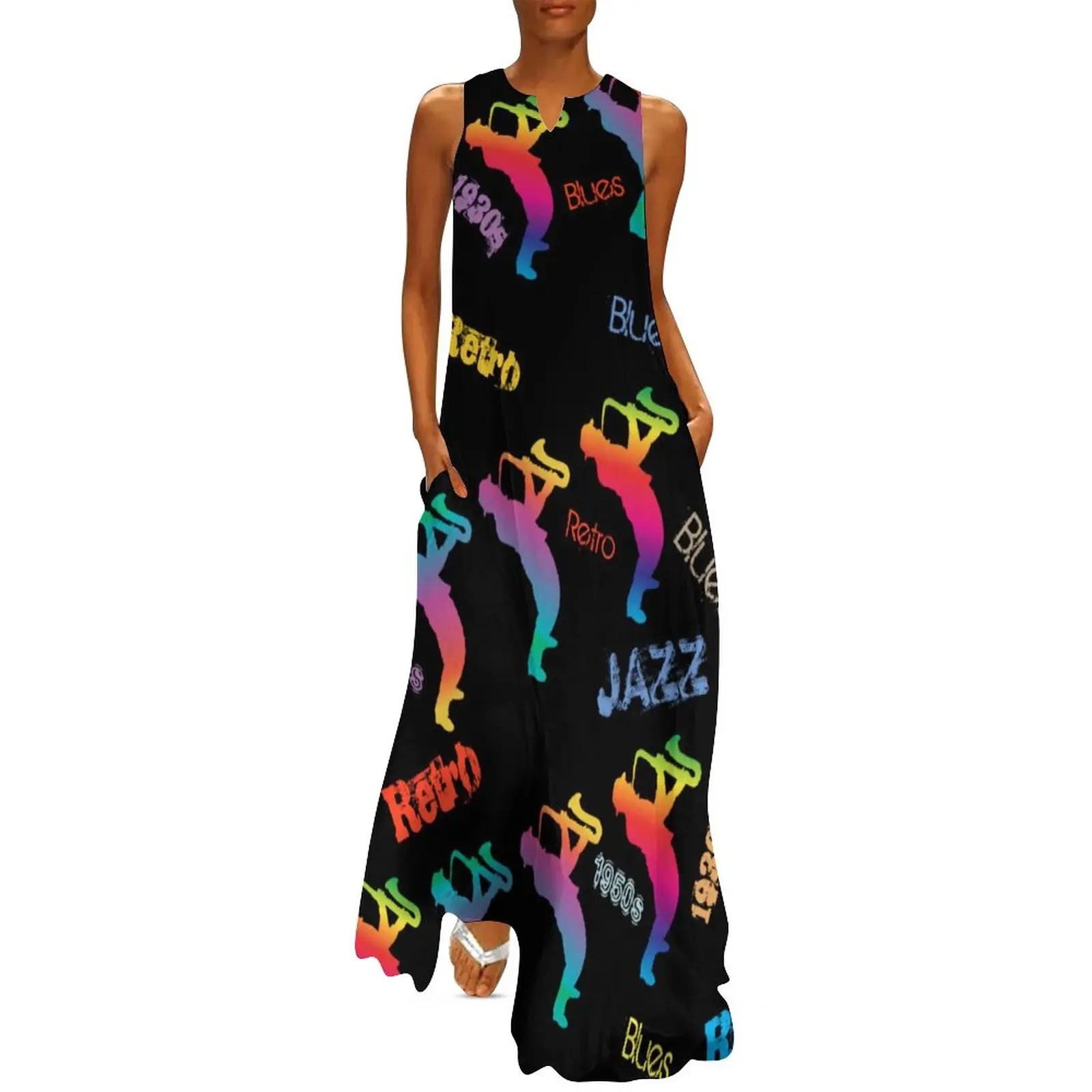 

Neon Jazz Festivals Dress Summer Retro Music Pop Art Aesthetic Bohemia Long Dresses Woman Print Trendy Maxi Dress 3XL 4XL 5XL