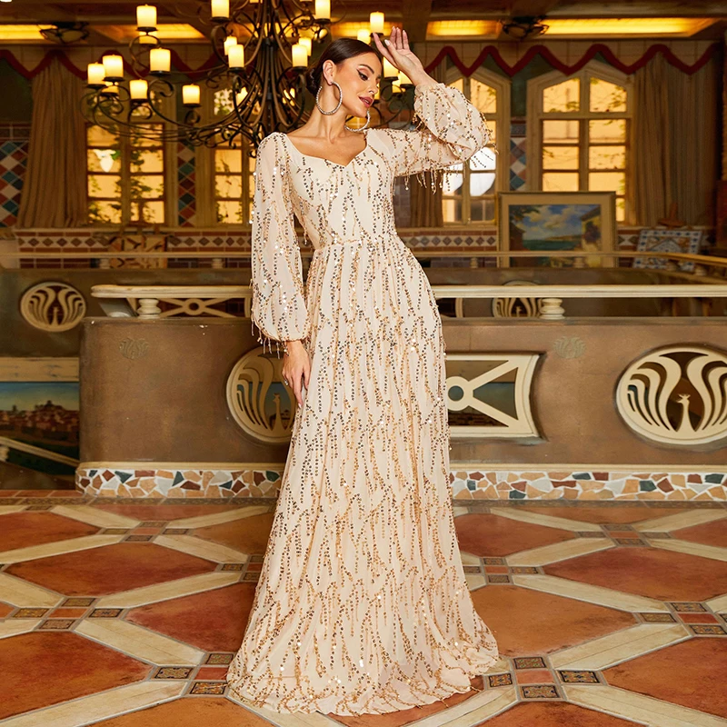 Elegant ladies vestido de festa Women Long sleeve Gold Tassel Sequined Evening Party Bridesmaid Cocktail Prom Maxi dresses