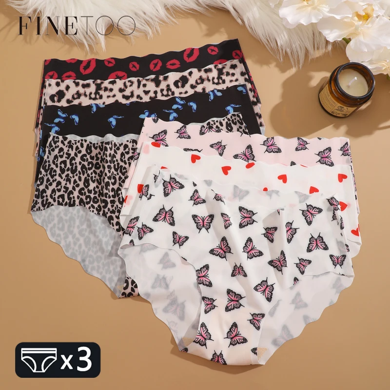 FINETOO 3Pcs Seamless Print Underwear for Women Sexy Leopard Butterfly Briefs Female Ice Silk Panties Comfortable Lingerie S-XXL