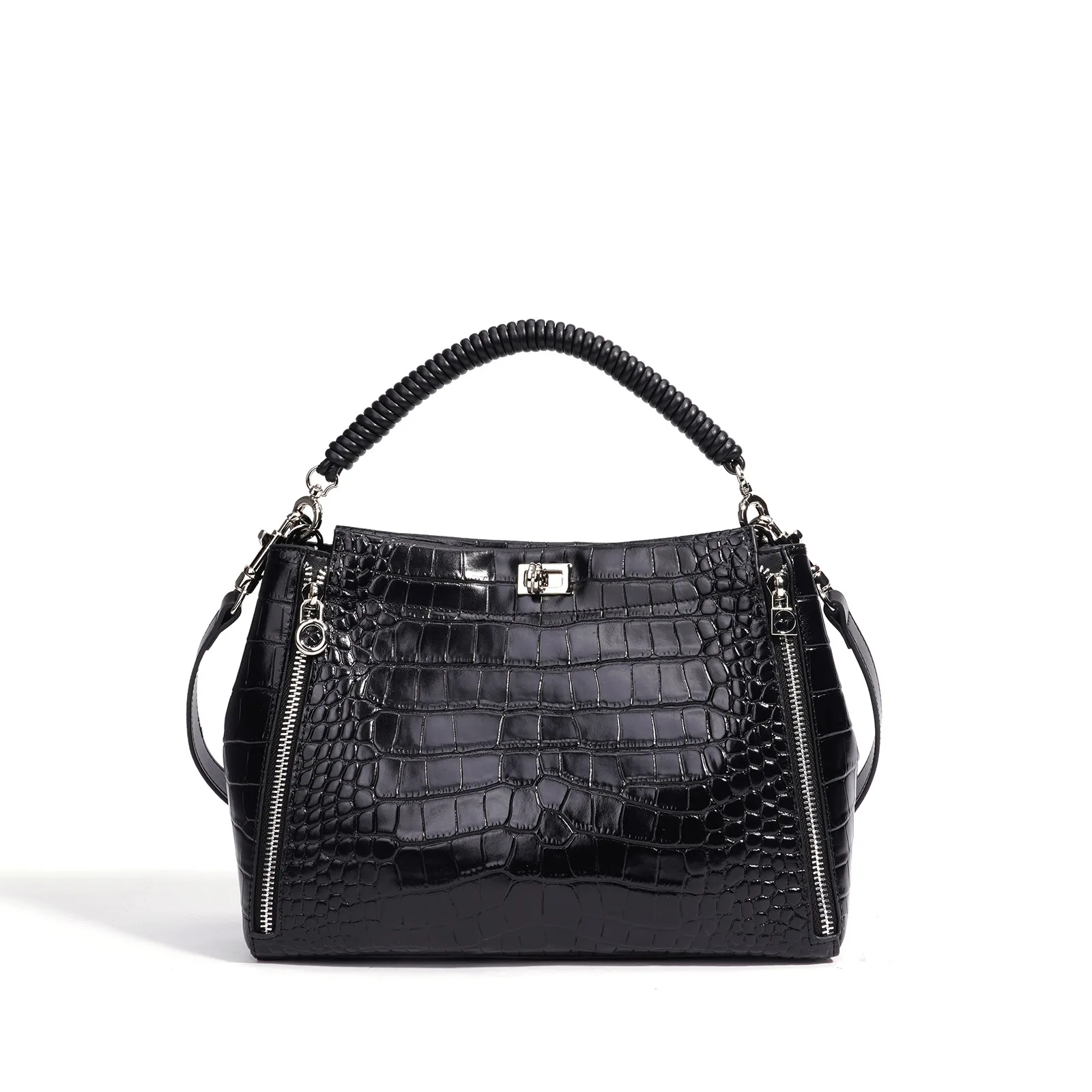 Crocodile Embossed Genuine Leather Bucket Bag for Women Luxury Shiny Handbag Fashion Shoulder Bag Trendy Crossbody Bag for Daily