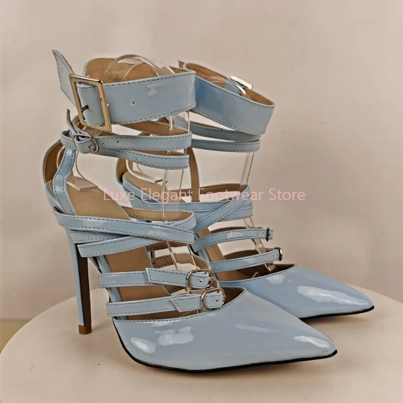 Blue Patent Leather Multi Straps Pointed Toe Sandals Women Hollow Ankle Wrap Thin High Heels Fashion Trendy Party Summer Shoes