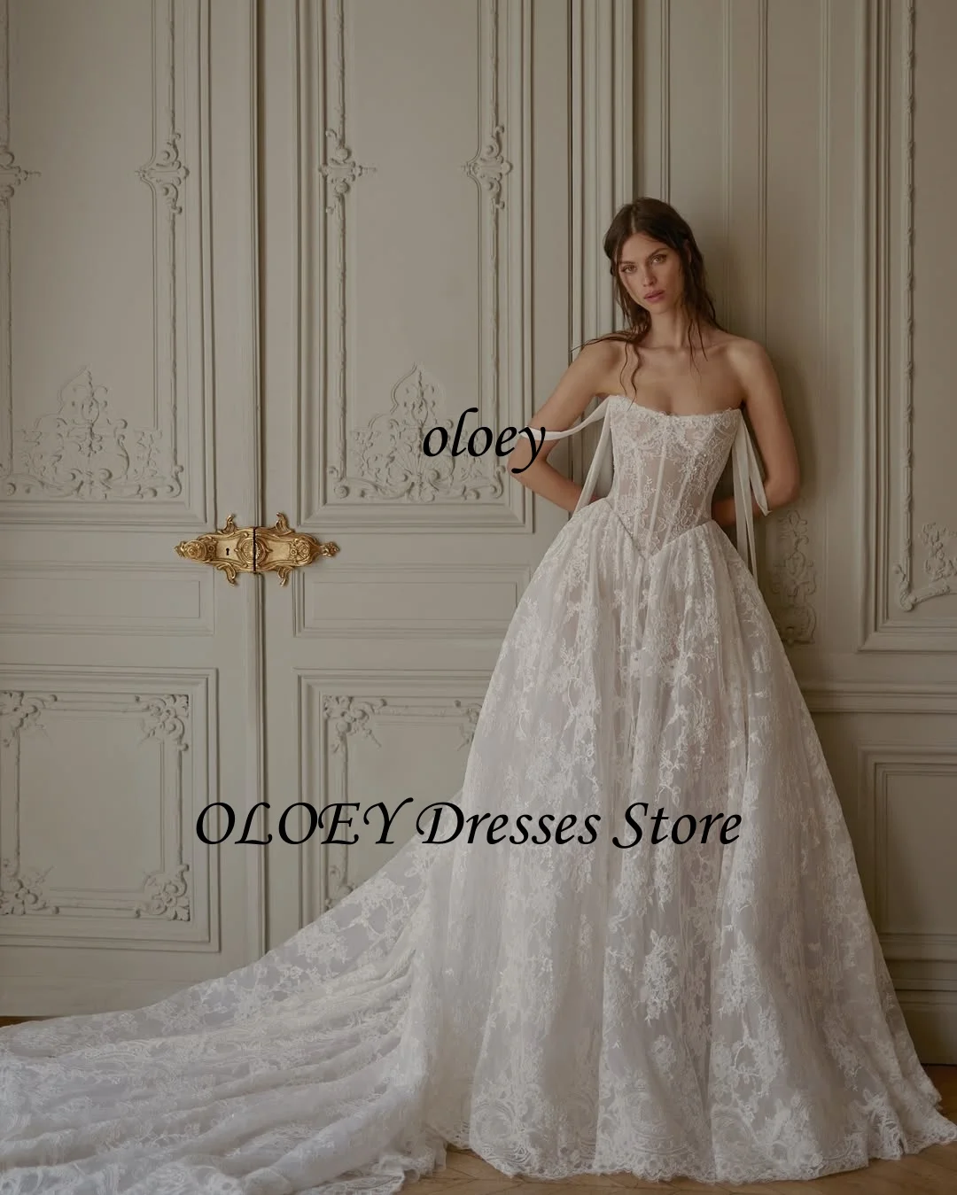 فساتين زفاف OLOEY أنيقة مكشوفة الكتف على شكل حرف A من الدانتيل الكامل فساتين زفاف مخصصة ذيل محكمة Vestidos de noiva