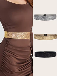 Wide Sparkle Rhinestone Elastic Waist Dress Belt, Stretchy Shiny Party Belts For Women