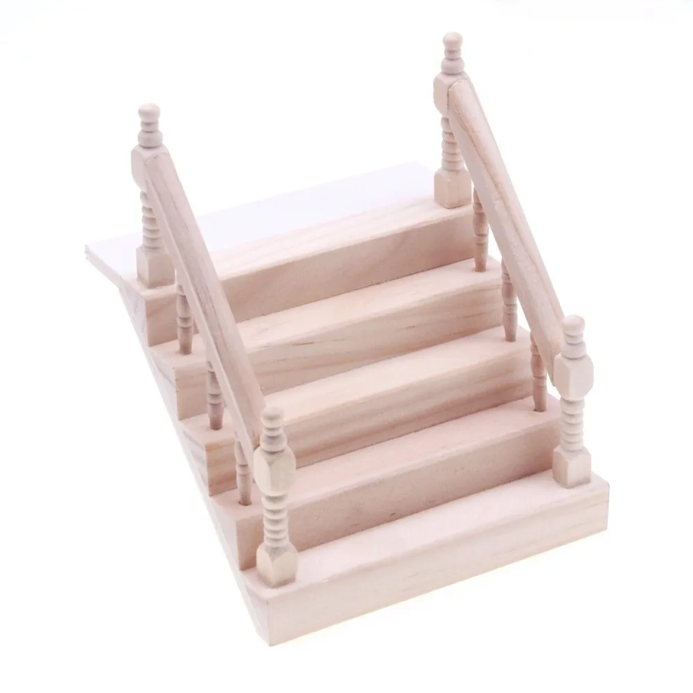 Wooden Dollhouse Miniature Staircase Plain Realistic Miniature Handrail Staircase Collectible Decorative Mini Furniture Stair