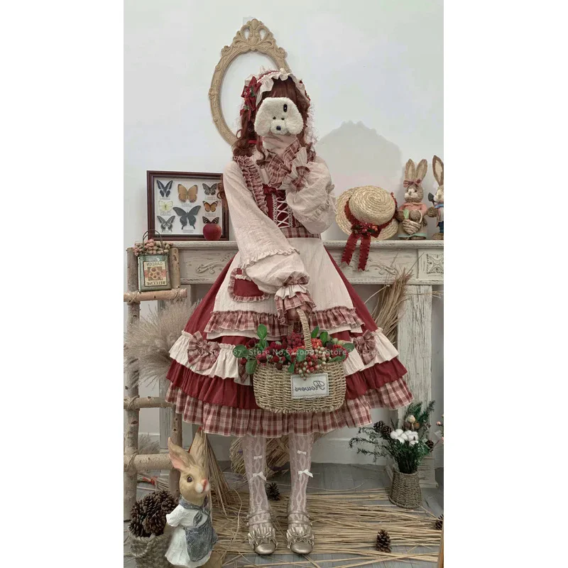 Japanese Anime Lolita Princess Elf Dress Berry Girls Bow Plaid Palace Cosplay Costumes Carnival Party Comics Performance Outfits