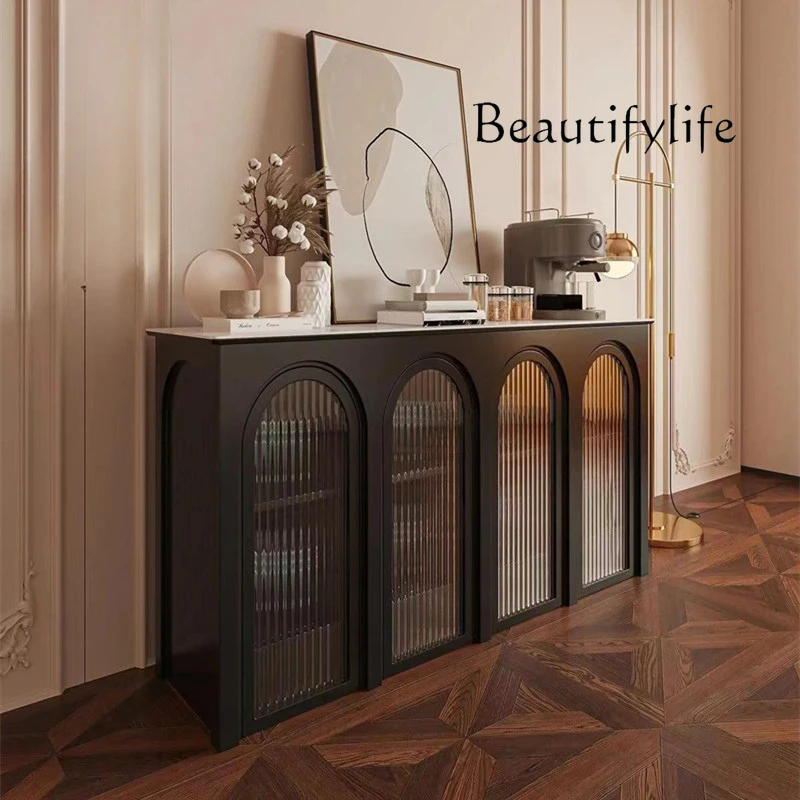 Light Luxury Solid Wood Sideboard Cabinet American-Style Retro Storage Hallway Mid-Ancient Rock Plate Arch Decorative Cabinet