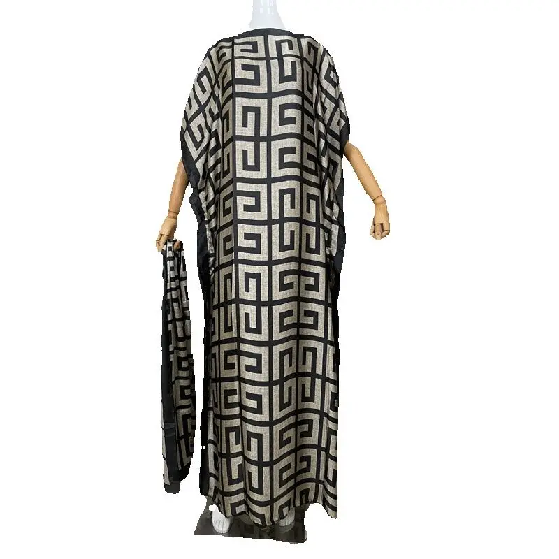 2023 African Women Bohemian Silk Printed Long Dress With Scarf Summer Promotion Muslim Lady Quality Robe Kaftan Dress