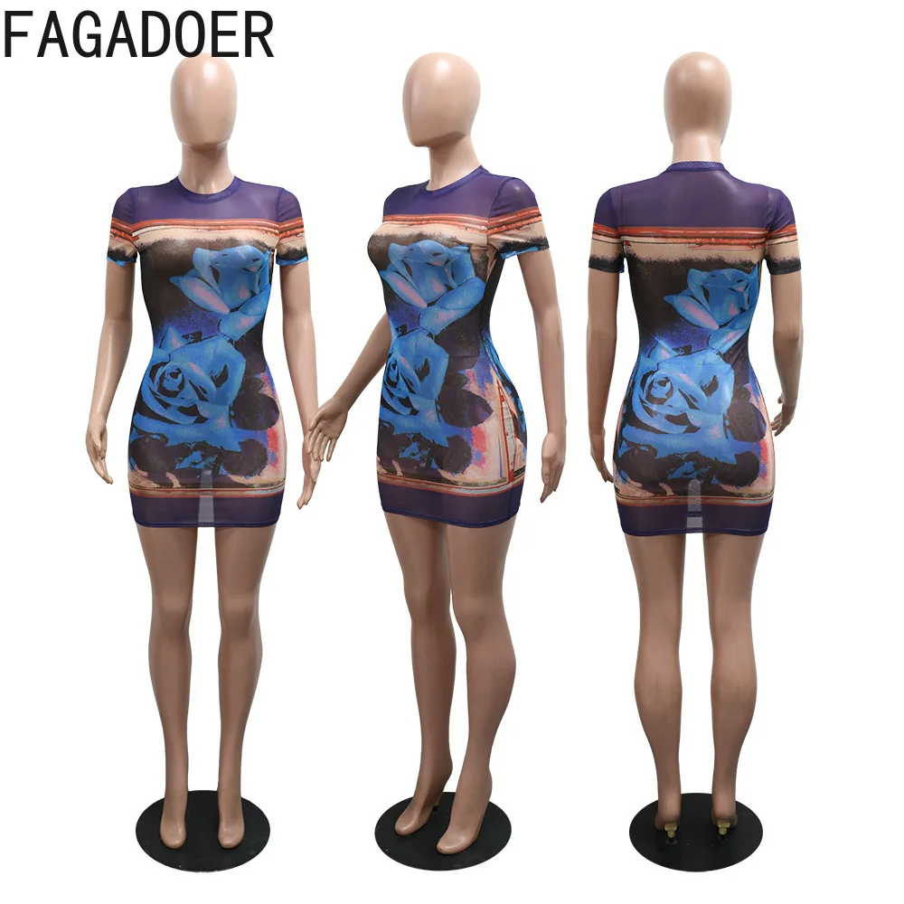 فستان FAGADOER مثير بطباعة نمط صغير فستان نسائي شبكي شفاف بأكمام قصيرة فساتين نسائية صيف 2025 جديد