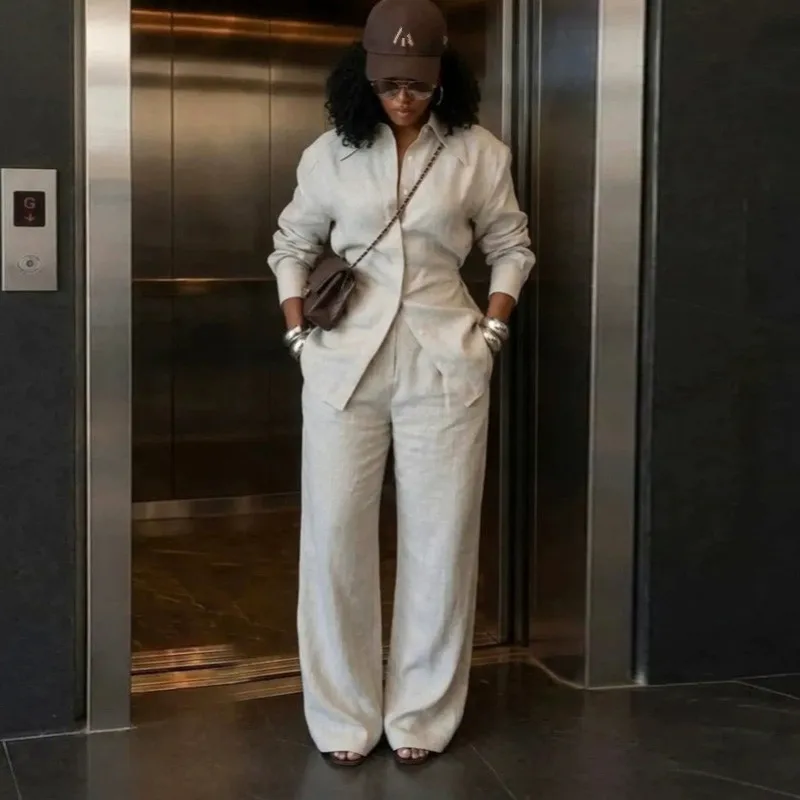 Elegant New African Fashion Women Two Piece Set Solid Color Full Sleeve Shirt Top And Wide Leg Pants Set