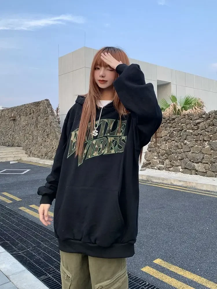 

Hip Hop Woman Clothing Hoodies with Orint on Loose Black Baggy Women's Sweatshirt Graphic Hooded Long Top Kpop Sleeve Matching E