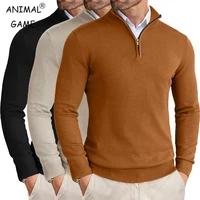 Suéteres con cremallera de un cuarto para hombre, jersey ligero ajustado, Tops con cuello simulado para exteriores, ropa informal de punto con medio cuello alto