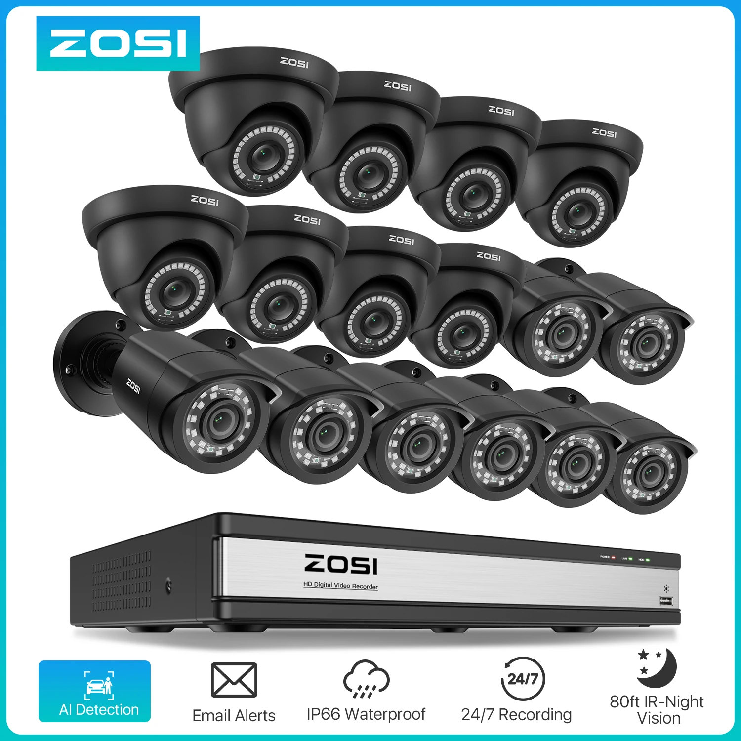 ZOSI 16CH Security Camera System Human/Car Detect 16CH 5MP Lite HD-TVI CCTV DVR 1080P Outdoor Indoor Surveillance Cameras