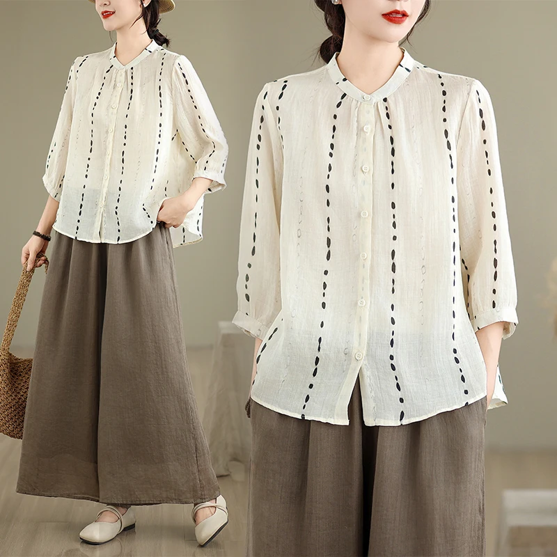 

plus Size Women's Shirt Spring Summer New Stripe Cotton Linen Seven Sleeve Sun Protection Top Shoulder Width Regular Length