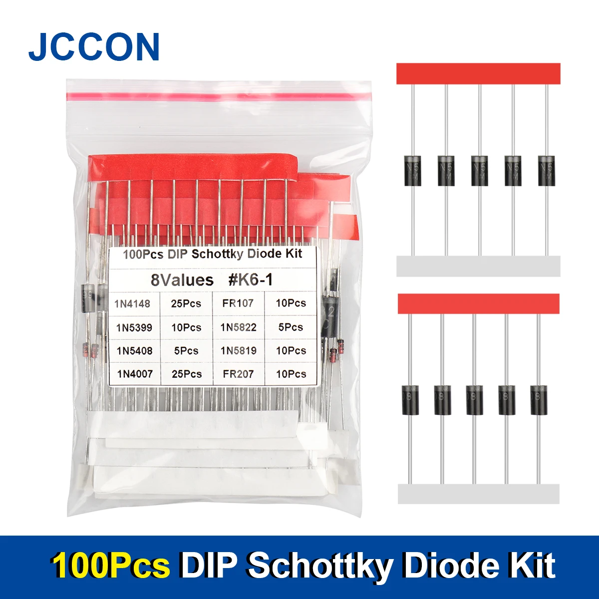 100Pcs 8 Values Schottky Diode Rectifier Diodes Kit 1N4148 1N4007 1N5819 1N5399 1N5408 1N5822 FR107 FR207 Fast Switching Diode