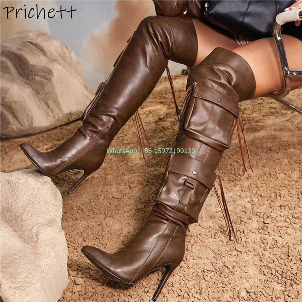 

Pointed Toe Stiletto Fringe Pocket Boots Thigh High Solid Thin Heels Retro Cool Boots Women's Street Photo Sexy Motorcycle Boots