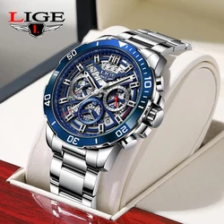 LIGE Fashion Stainless Steel Men's Watch Waterproof Luminous Business Quartz Watches For Men Luxury Chronograph Date Man Watch