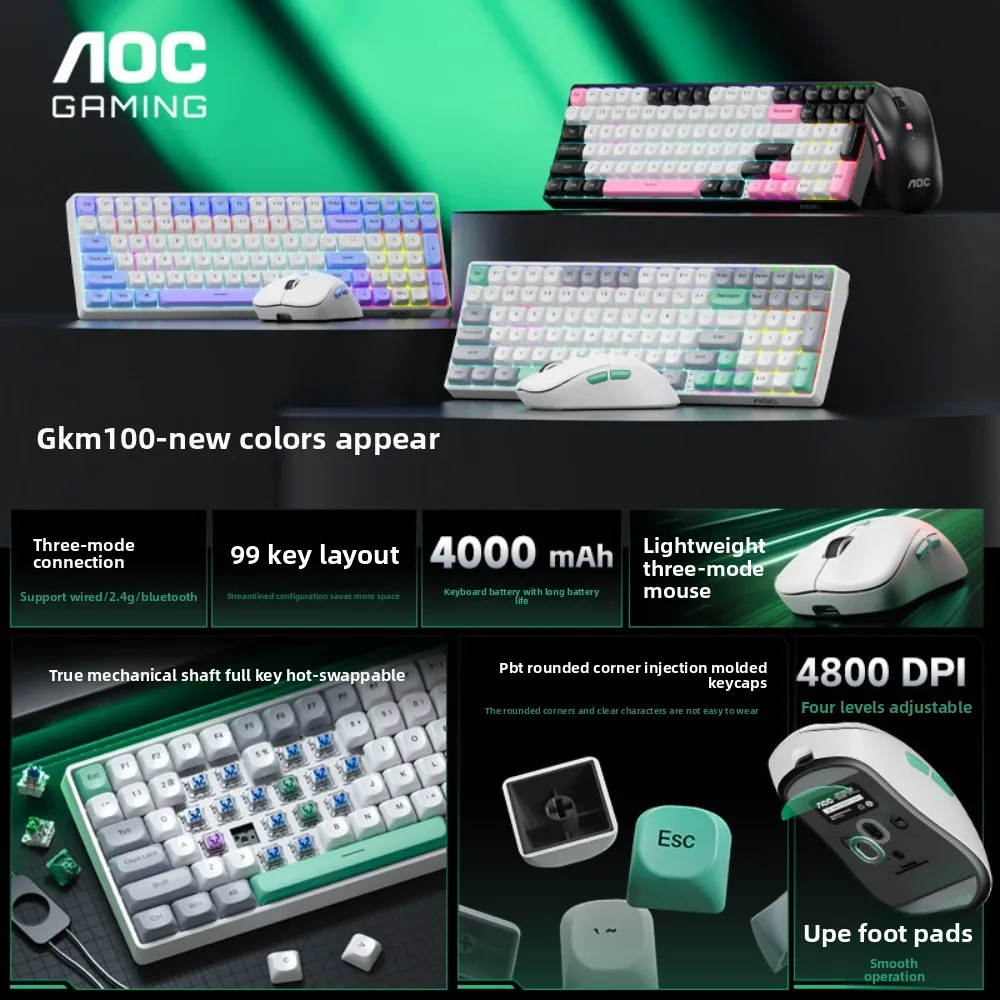 AOC GKM100 Tri Mode Mechanical Keyboard Mouse Combo Wireless Bluetooth USB Hot Swappable Gaming Office Set