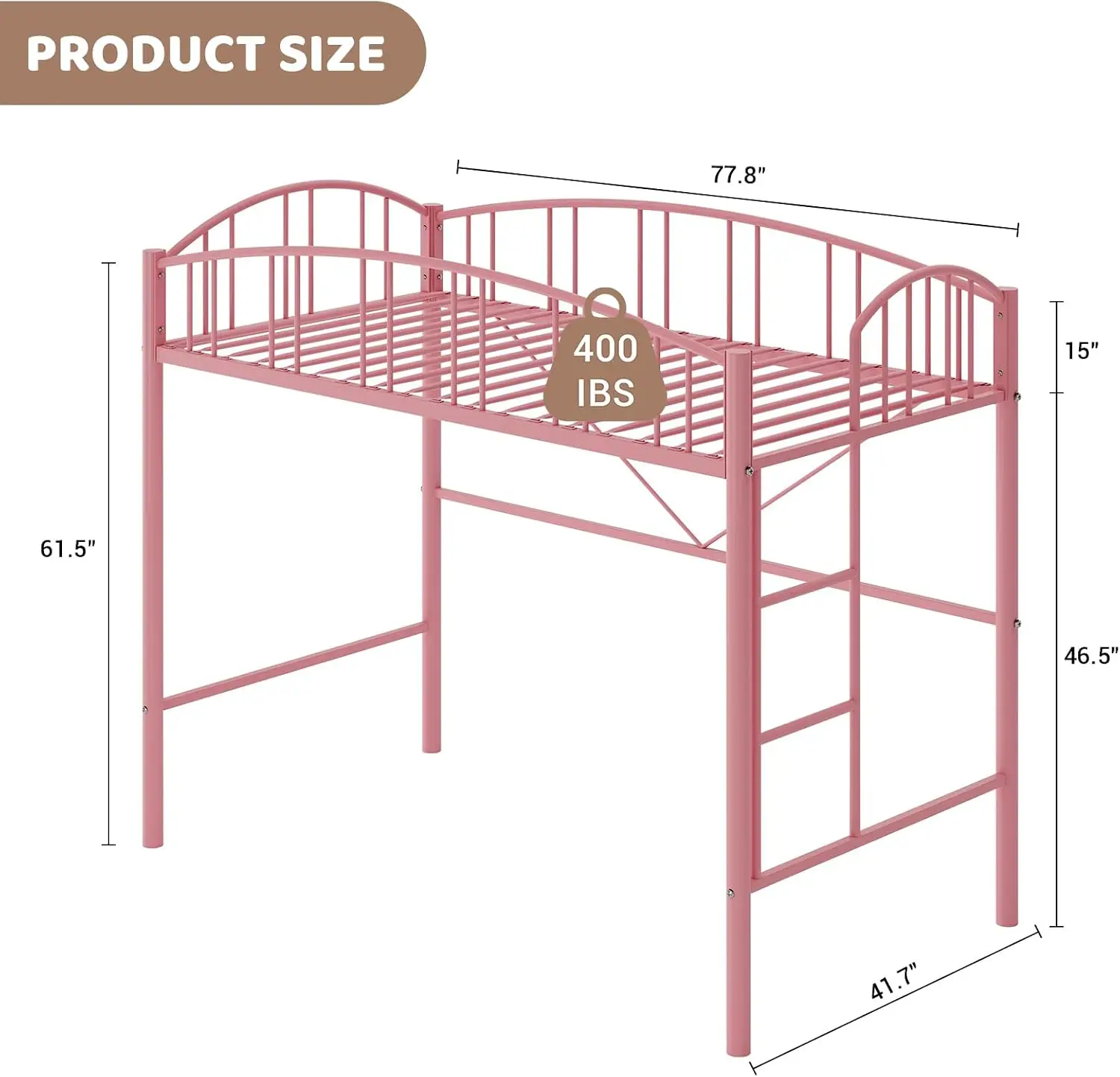 Garvee Heavy Duty Structure Modern Space-Saving Loft Twin Metal Loft Bed Frame Steel Adult Single Bed Frame Sturdy Arched Guardrail, Safety Ladder, Modern Room Furniture, No Box Spring Needed