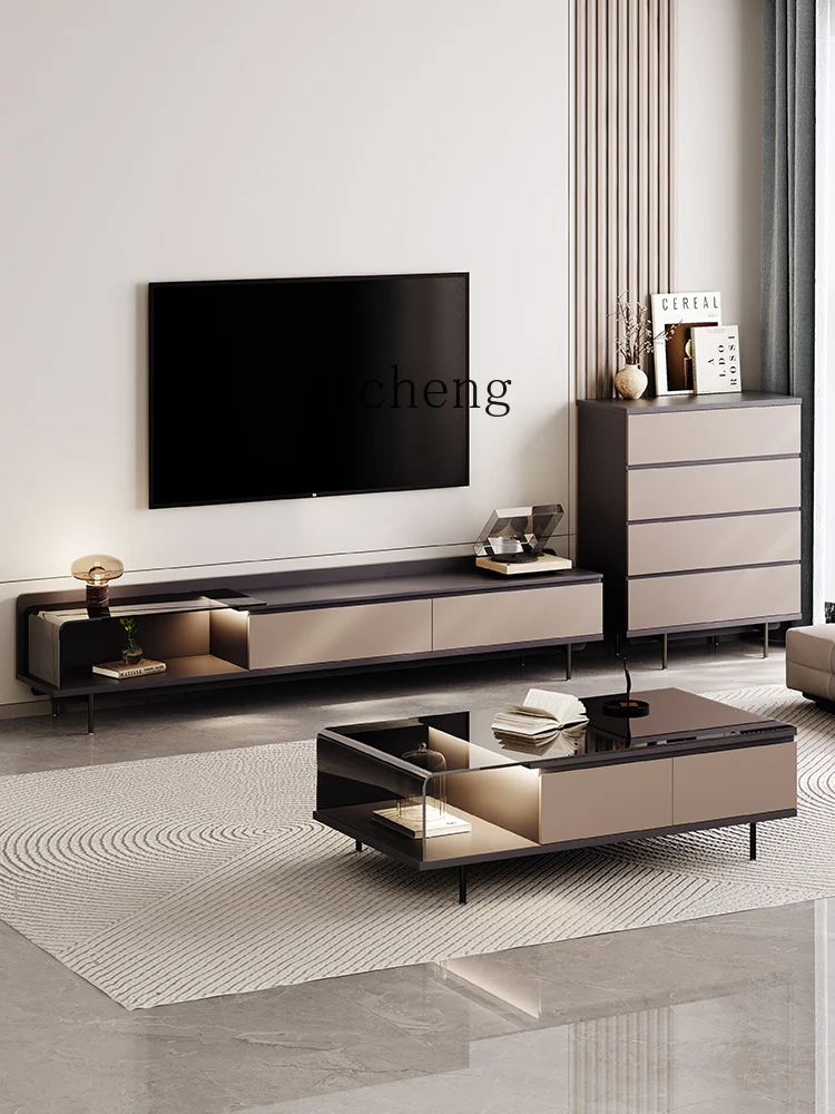 b-3 minimalist floor TV cabinet coffee table set high-end living room TV cabinet with curved glass