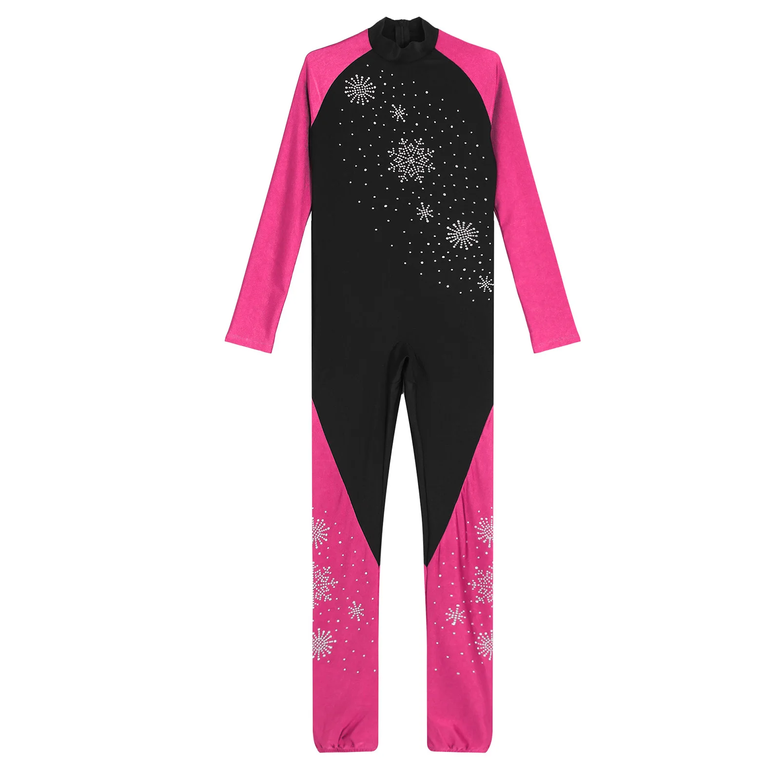 Kinderen meisjes gymnastiek kunstschaatsen jumpsuit mock hals lange mouw sprankelende strass sneeuwvlokken kleurblok bodysuit danskleding