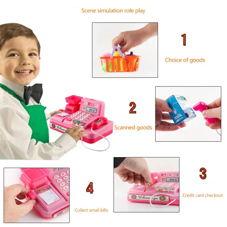 Kids Cash Register Pretend Play Toys Mini Supermarket Shopping Set Simulation Food Calculation Checkout Counter For Children