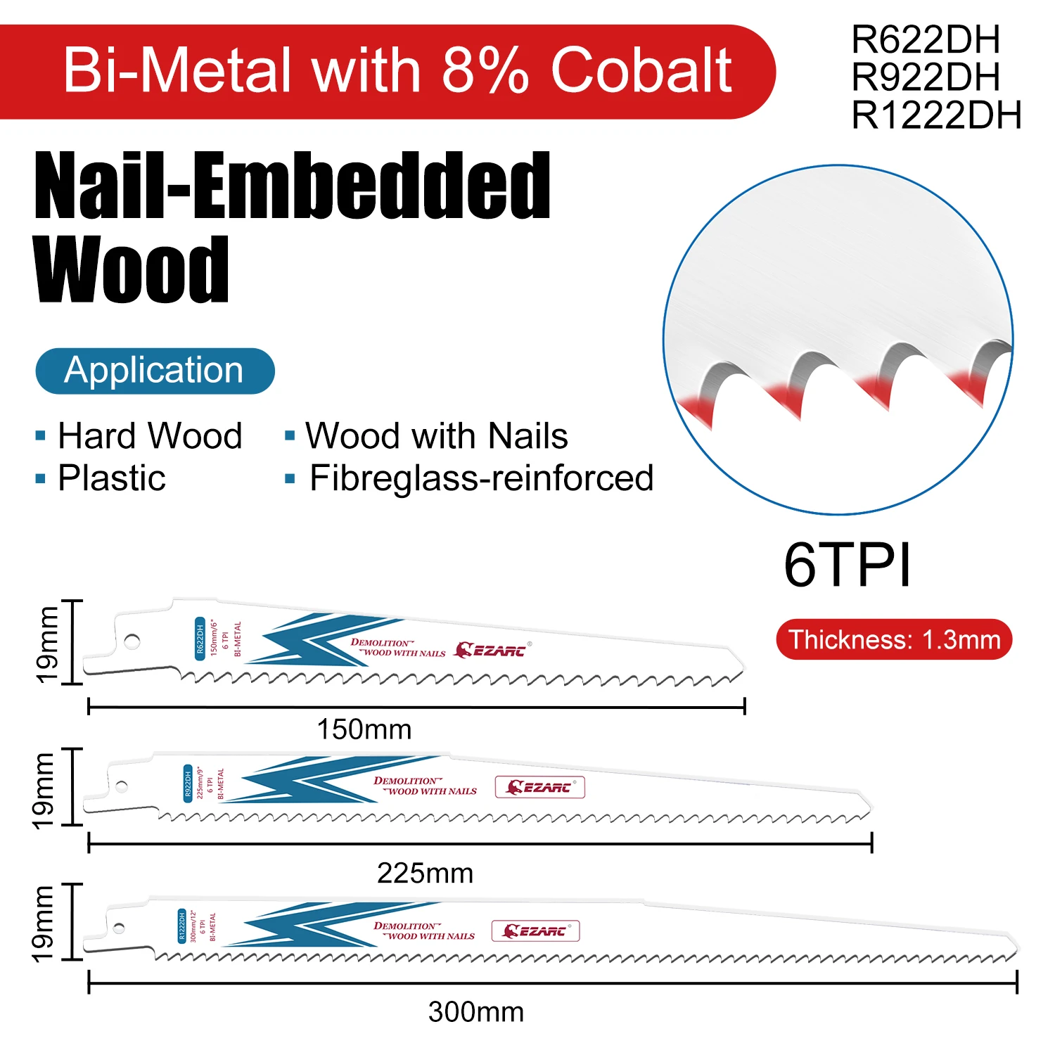 EZARC 5PCS 225mm Reciprocating Saw Blade Bi-Metal Cobalt Sabre Saw Blades for Wood Demolition 6TPI R622DH R922DH R1222DH