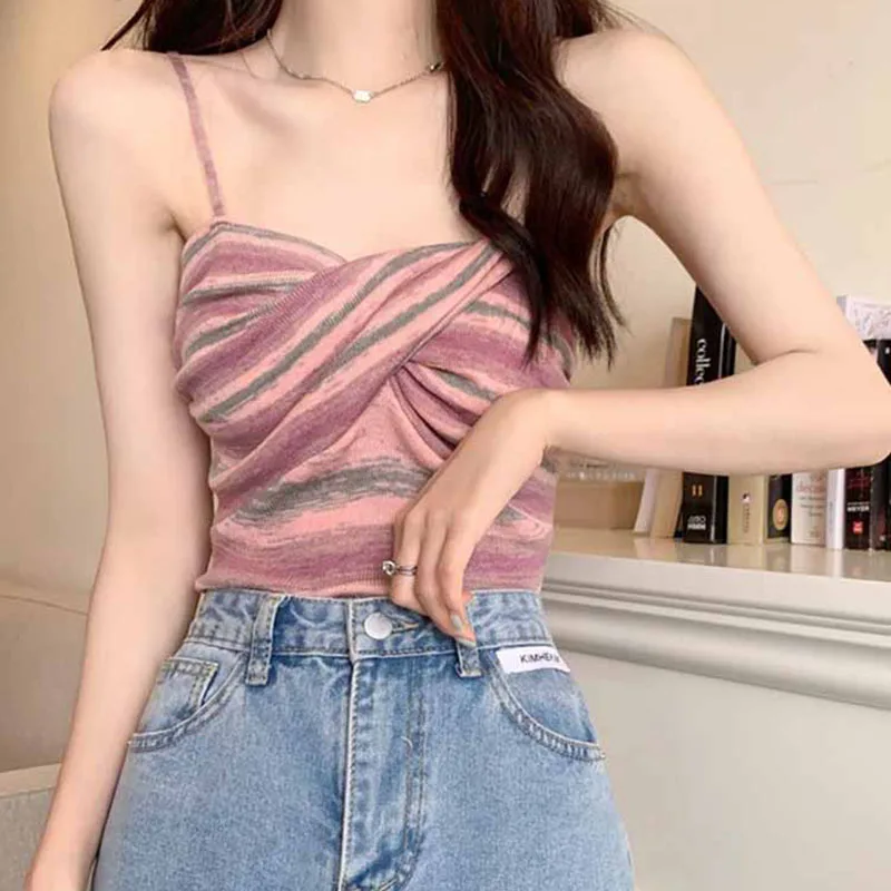 Summer Knit Camisole Crop Top Girls Twisted Contrast Color Striped Stretchy Sweet Hot Camis Sleeveless T-Shirt For Slim Lady