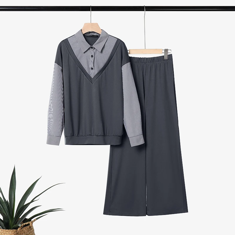 Autumn Outfits ZANZEA Women Casual Long Sleeve Stripe Patchwork Tops Shirt Elastic Waist Trousers Suit Muslim Matching Sets