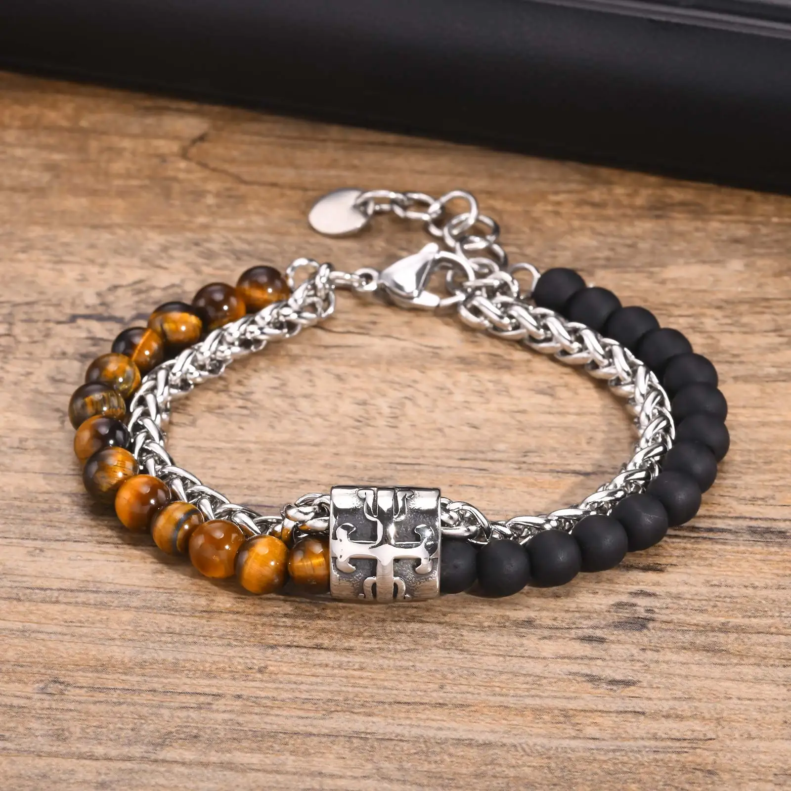 Punk Double Layered Beaded Bracelet for Men Boys,Matte Agate Tiger Eye Black Stone Bracelets,Hiphop Birthday Jewelry Gift